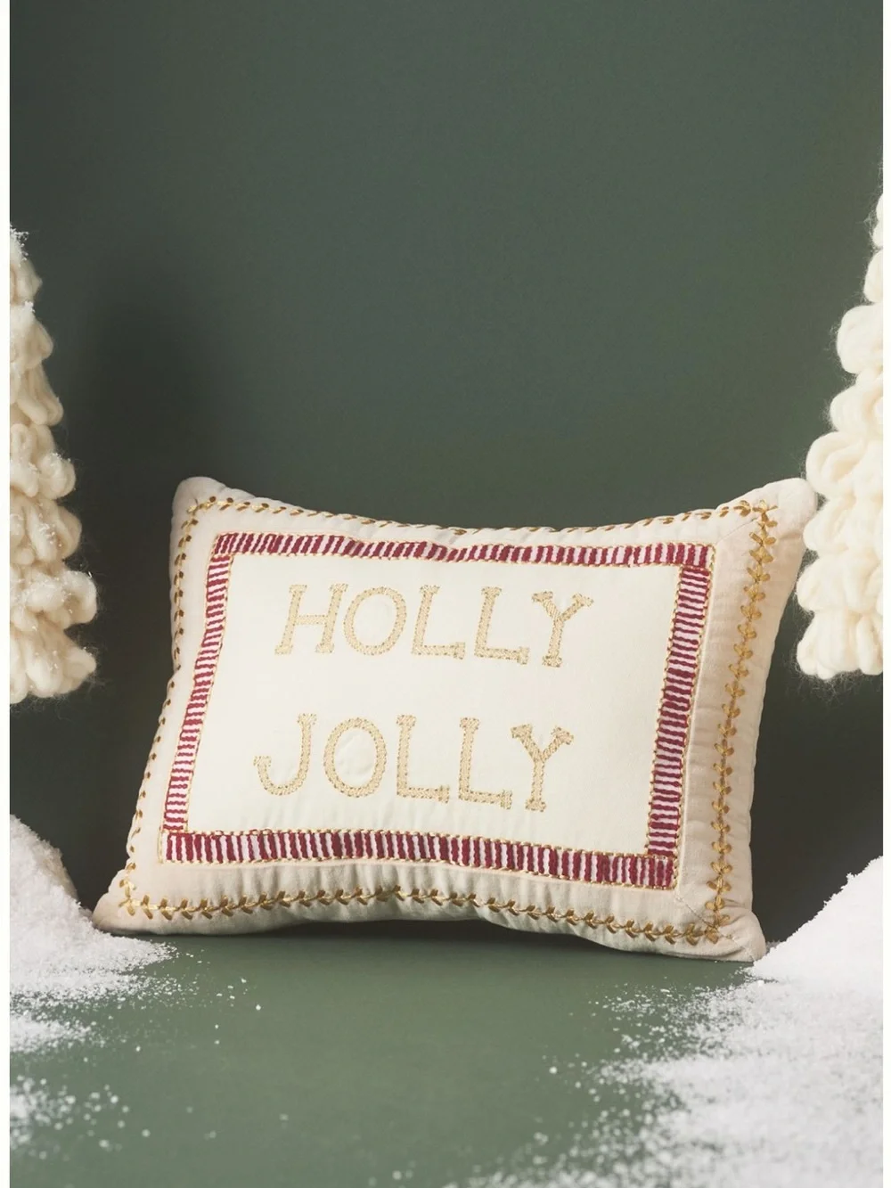 Holly Jolly Embroidered Holiday Throw Pillow - Cream & Red from Anthropologie